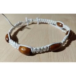Bracelet En Coton Blanc Et Perles De Bois Marron